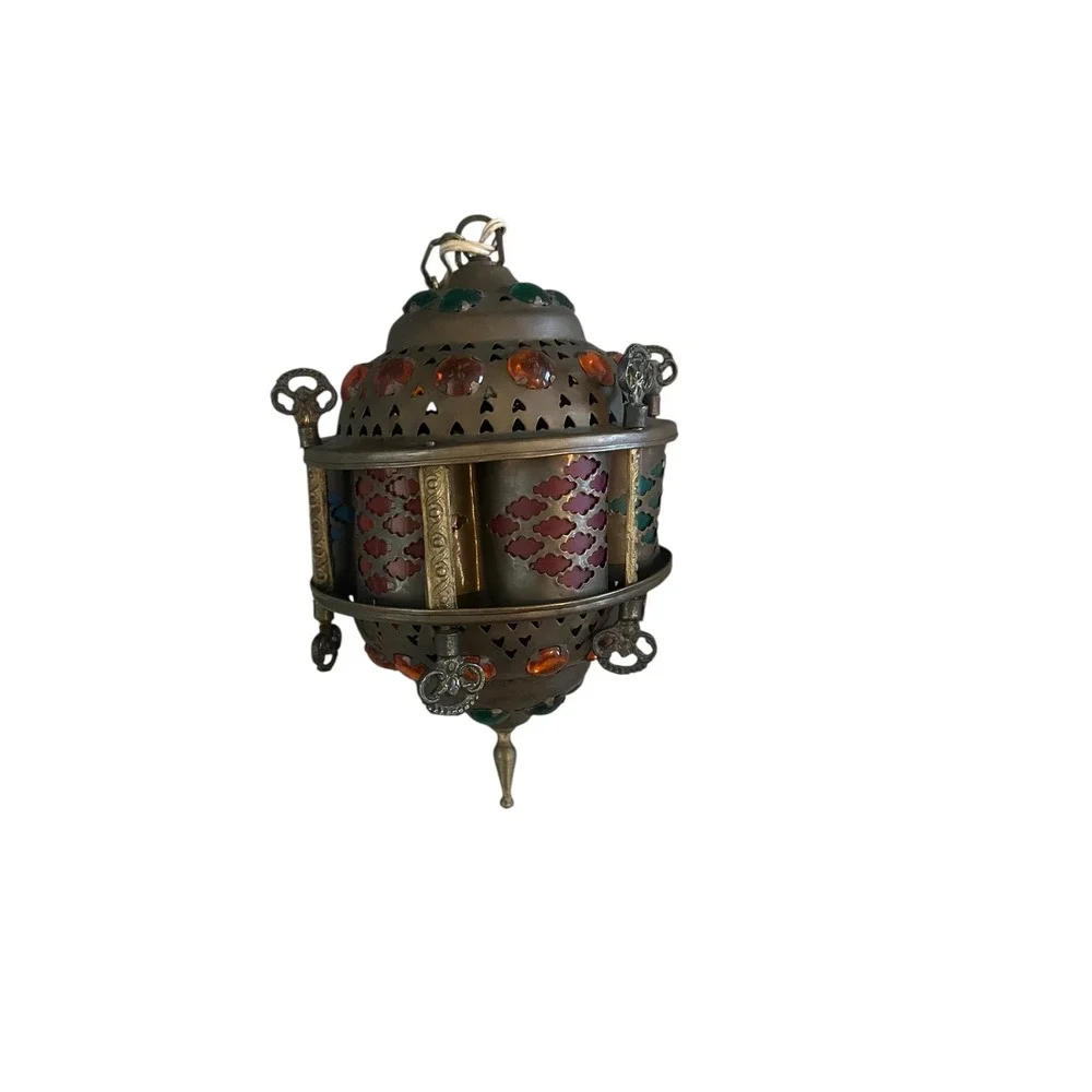 Vintage Moroccan Brass Jeweled Lantern Hanging Swag Lamp Colorful Glass Cabochon